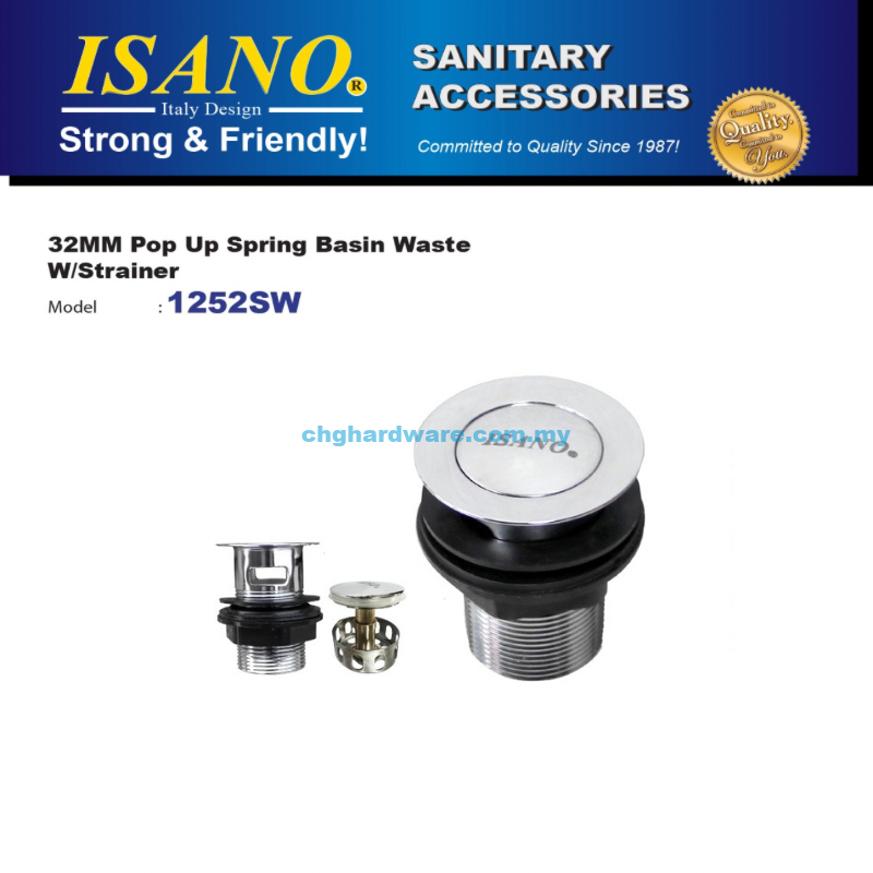 ISANO 1252SW 32mm Pop Up Spring Basin Waste With Strainer - chghardware