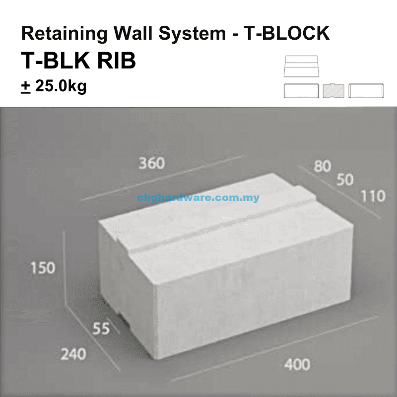 T-BLK RIB Retaining Wall System, T Block 400x240x150mm - chghardware